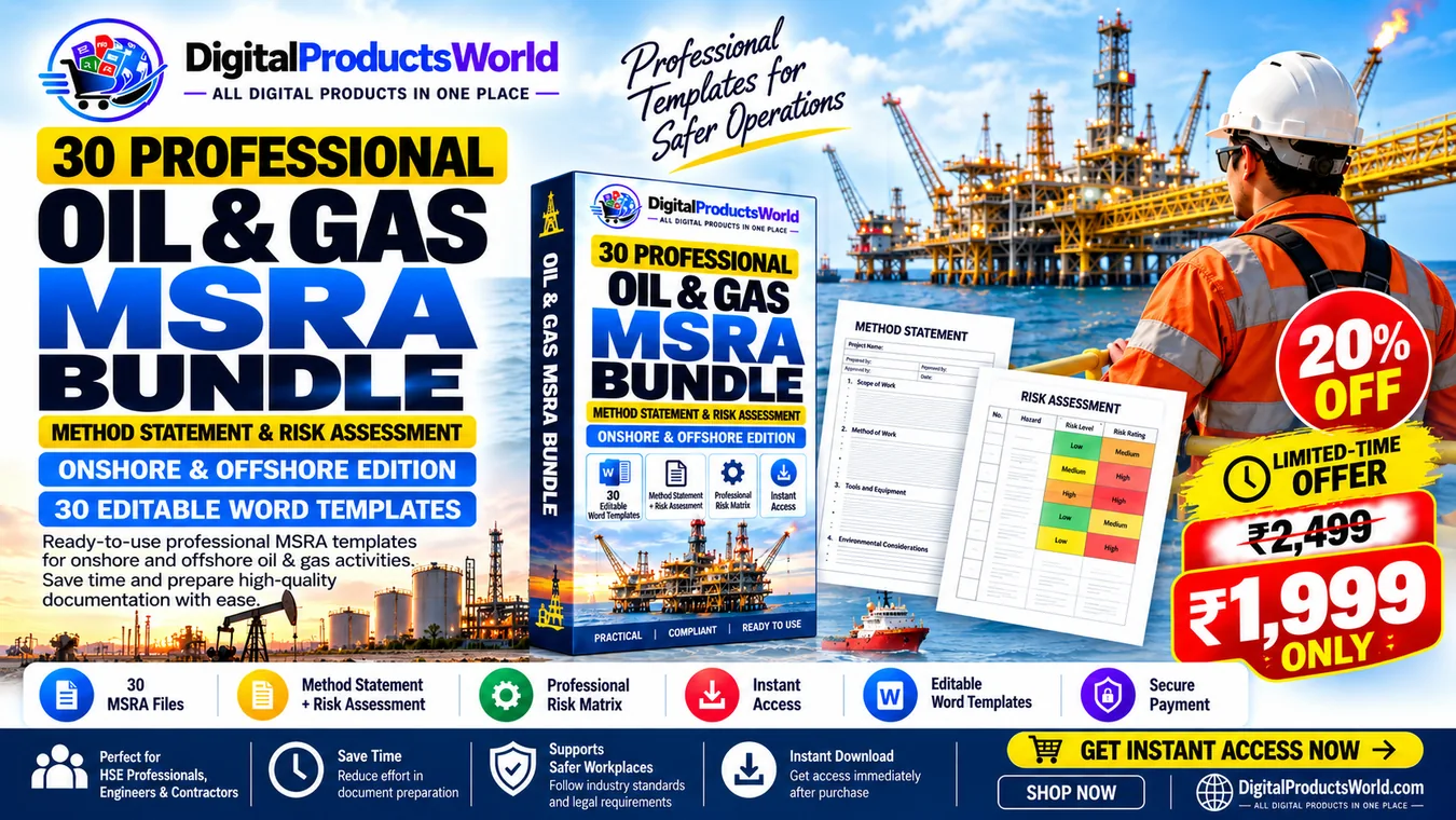 DigitalProductsWorld Oil and Gas MSRA bundle product image: 30 editable templates, 15 onshore and 15 offshore